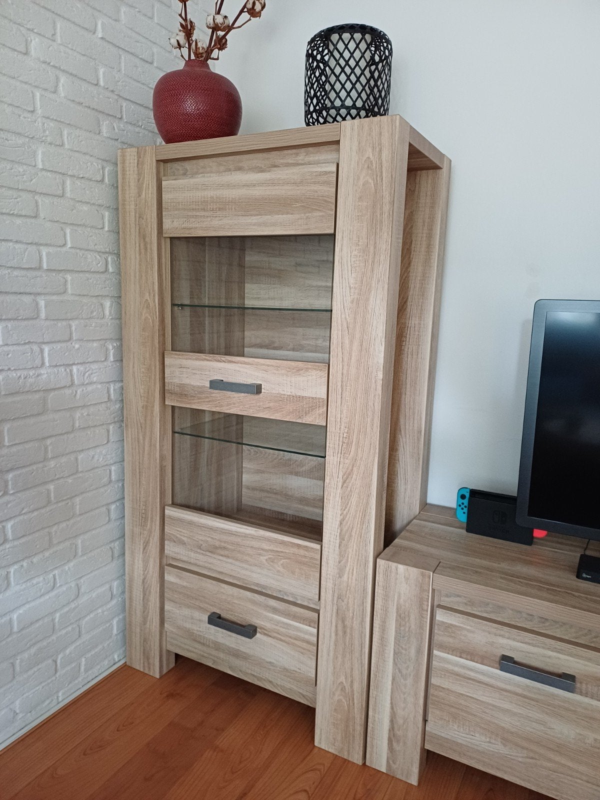 Massief eiken bibliotheekkast met verlichting, Ophalen, Met plank(en), Glas, Gebruikt