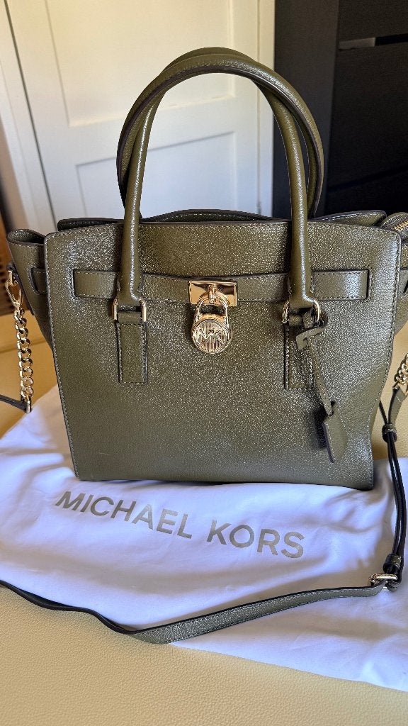 Nieuw: Michael Kors olijfgroene leren Hamilton tas, Verzenden, Nieuw, Groen, Handtas