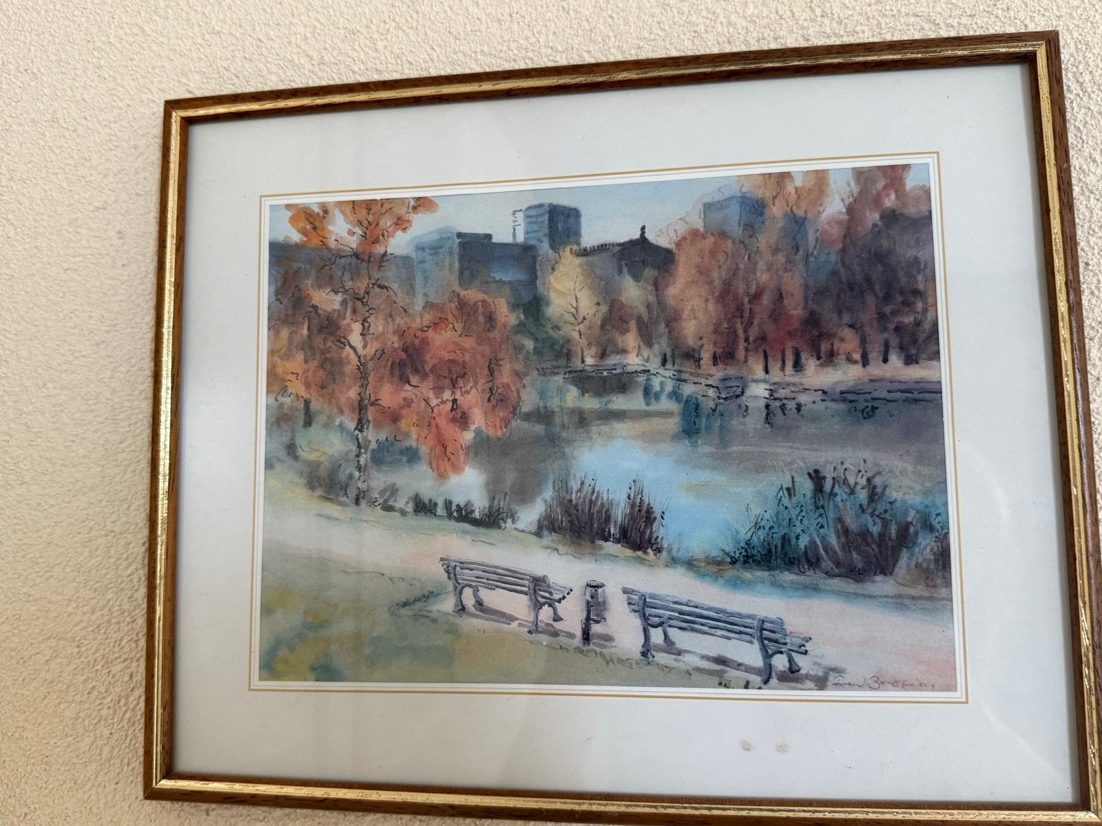 Ingelijste aquarel van parklandschap met vijver, Ophalen of Verzenden