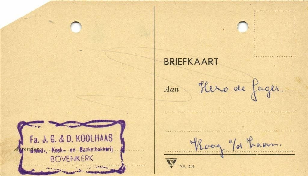 Fa. J.G. + D. Koolhaas, Bovenkerk - 08.1952 - briefkaart, Postzegels en Munten, Brieven en Enveloppen | Nederland, Ophalen of Verzenden