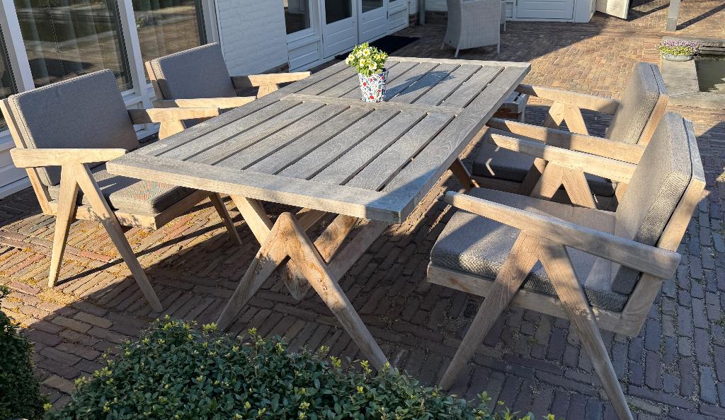 Mooie Detjer design teaken tuinmeubelset te koop, Ophalen, Bank, 6 zitplaatsen, Teakhout