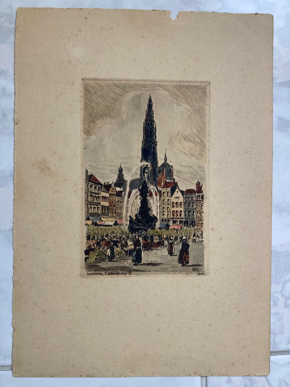 Gravure Anvers, Cathedrale II,  beeld 13x8 cm. Handgekleurd., Antiek en Kunst, 8 cm, Stadsgezicht, Ophalen of Verzenden, Gravure