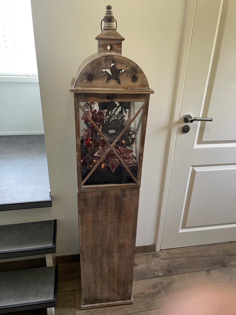 Decoratieve houten lantaarn met ster en verlichting, Hout, Ophalen of Verzenden, Bruin, Landelijk