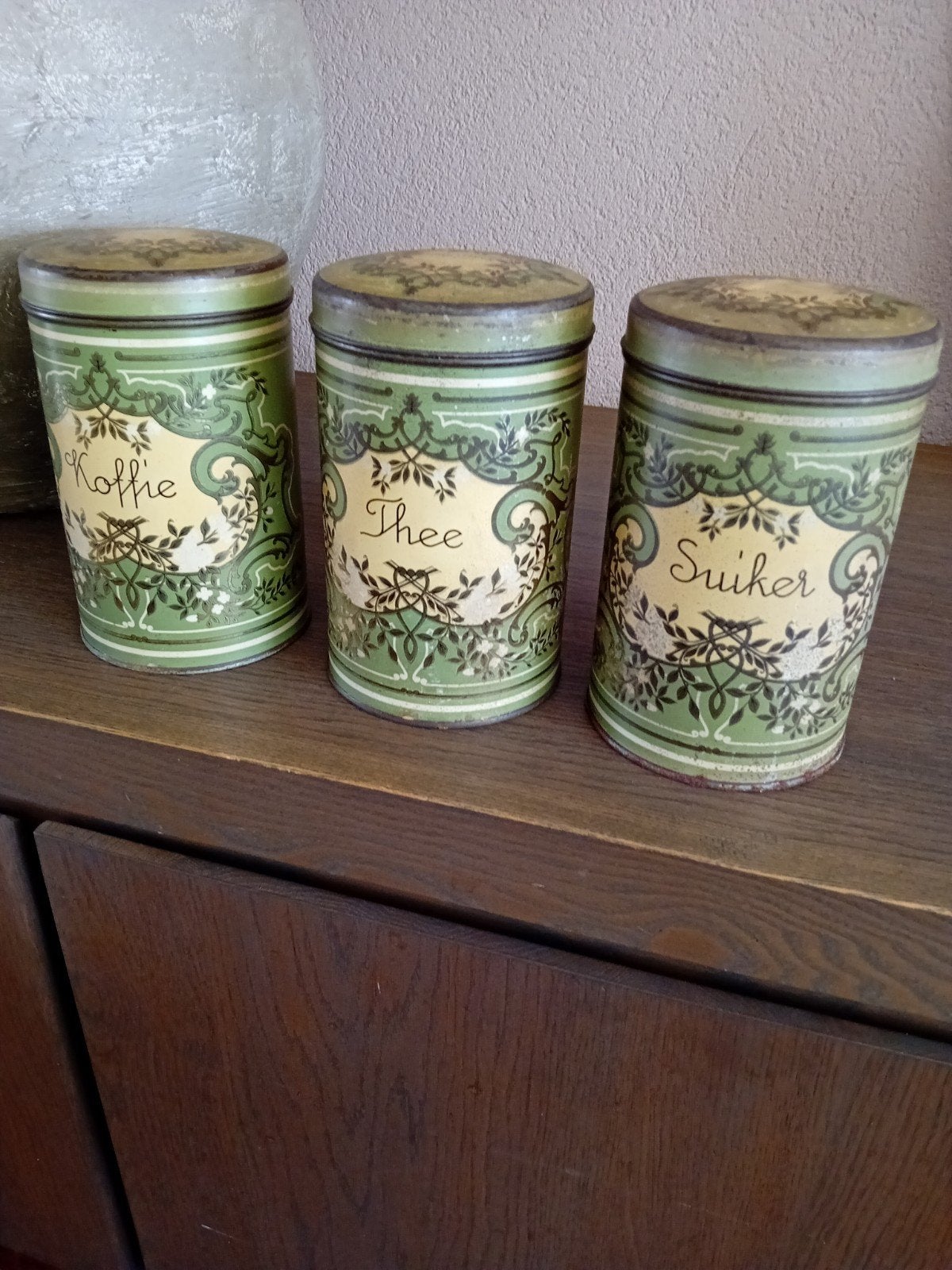 Vintage voorraadblikken: Koffie, Thee, Suiker, Ophalen
