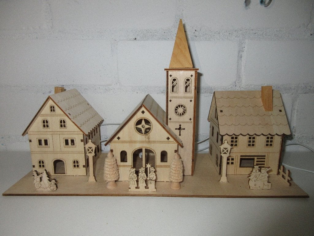 Houten kerst dorp met verlichting, Diversen, Ophalen of Verzenden, Gebruikt