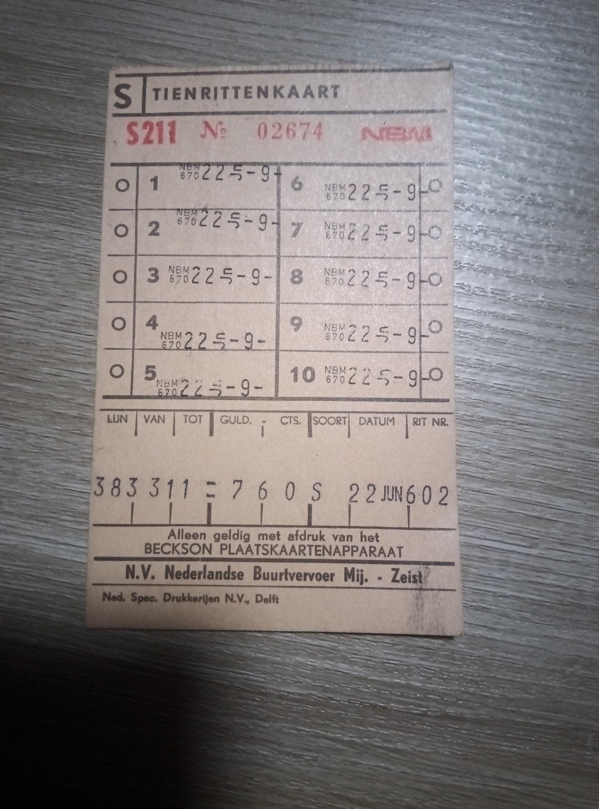 Oude Tienrittenkaart N.V. Nederlandse Buurtvervoer Mij Zeist, Verzamelen, Ophalen of Verzenden