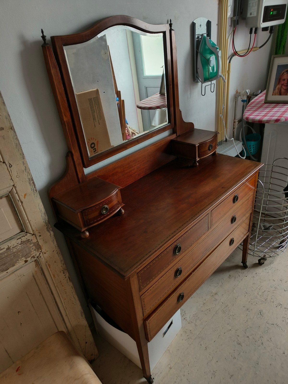 Antieke kaptafel met spiegel en lades, Antiek en Kunst, Antiek | Spiegels, Ophalen of Verzenden