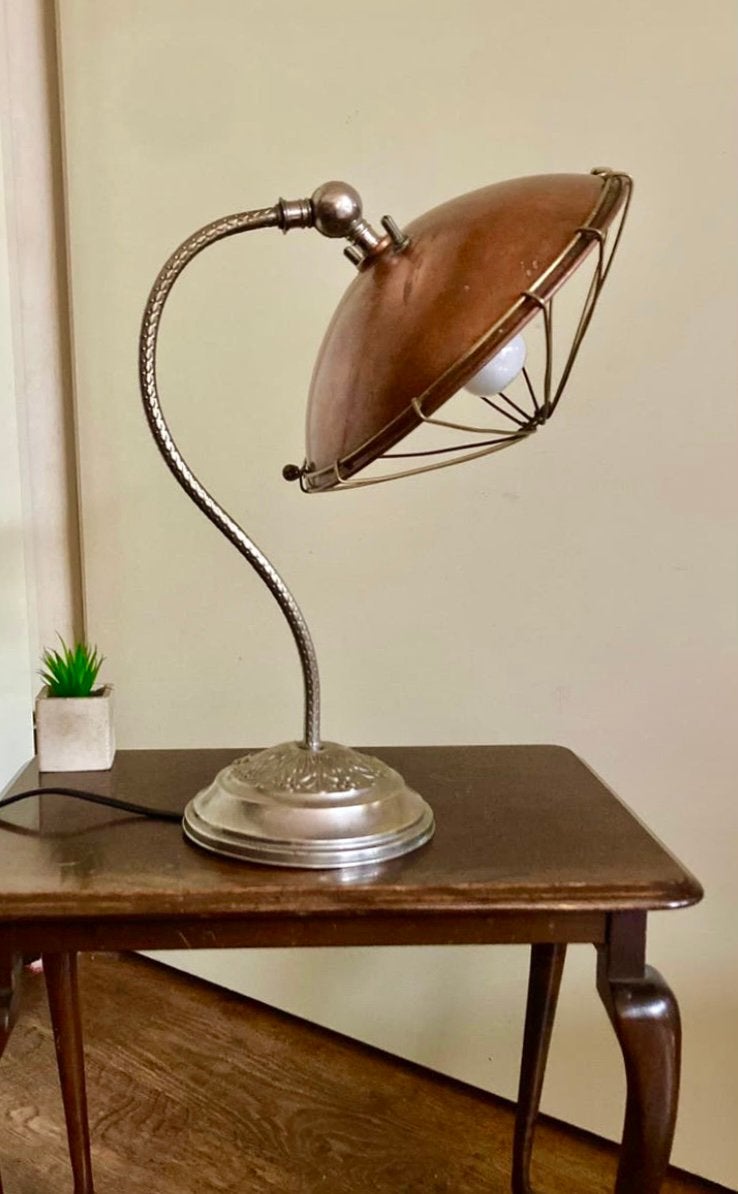 Bijzondere antieke bureaulamp koper messing zilver., Ophalen of Verzenden