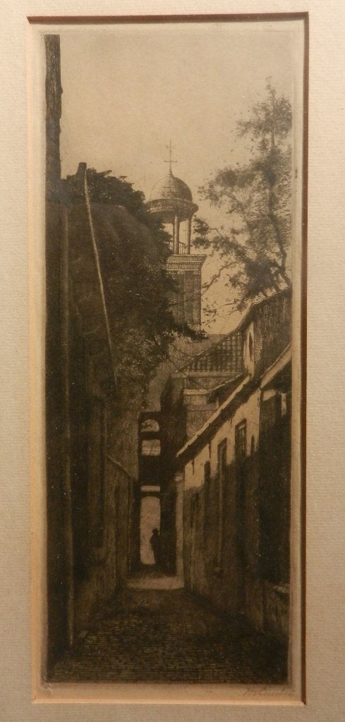 Fraaie ets Steeg bij Augustinuskerk Utrecht Willem v Leusden, Antiek en Kunst, Kunst | Etsen en Gravures, Ingelijst, 25 cm, Ets