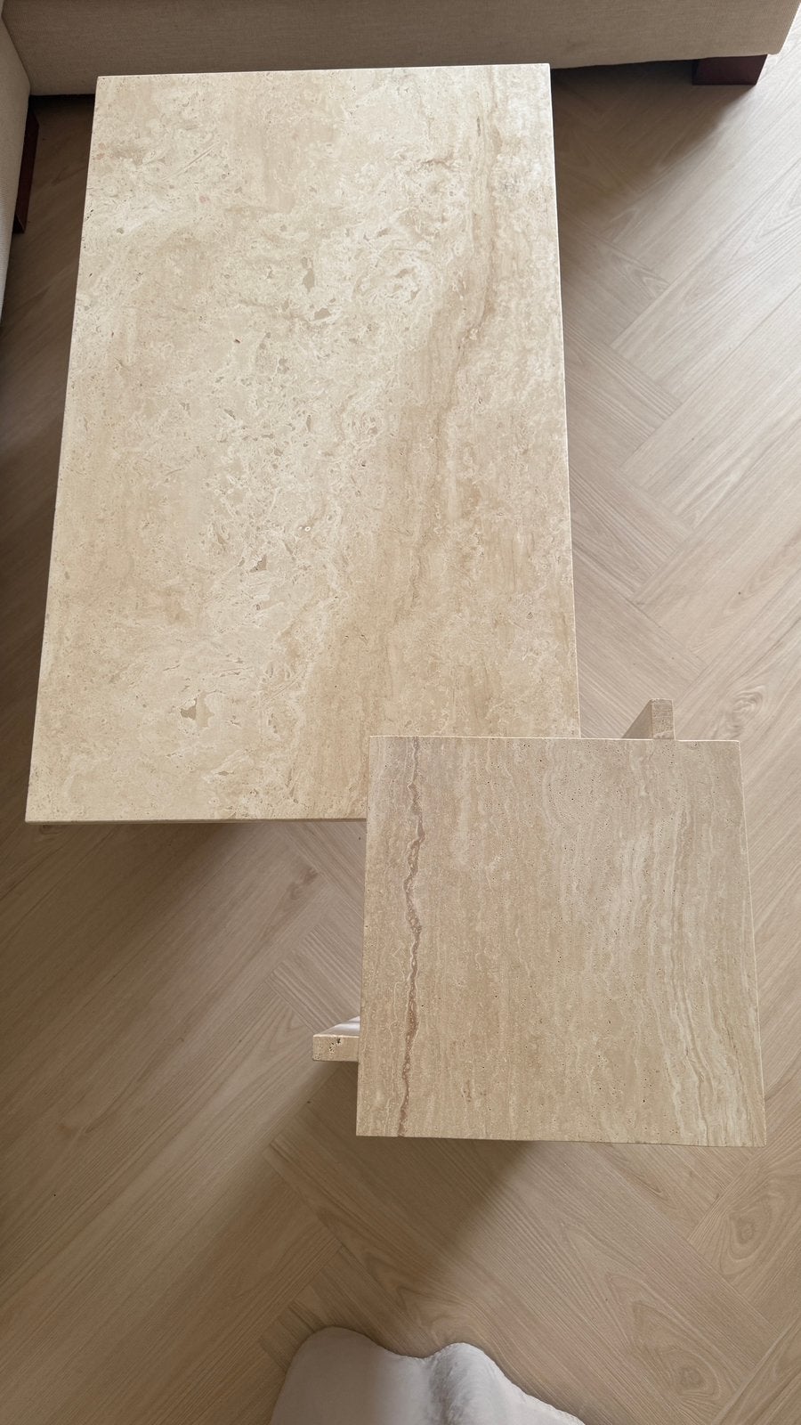 Luxe pinterest Travertin salontafel + bijzettafel, Ophalen, 100 tot 150 cm, 50 tot 100 cm, Zo goed als nieuw