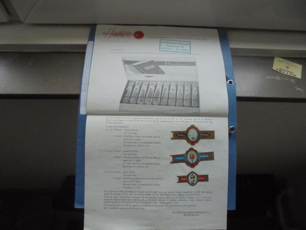 Zeldzaam schrijven van HUDSON-sigarenfabriek Roosendaal, Ophalen of Verzenden, Zo goed als nieuw, Sigarenbandjes