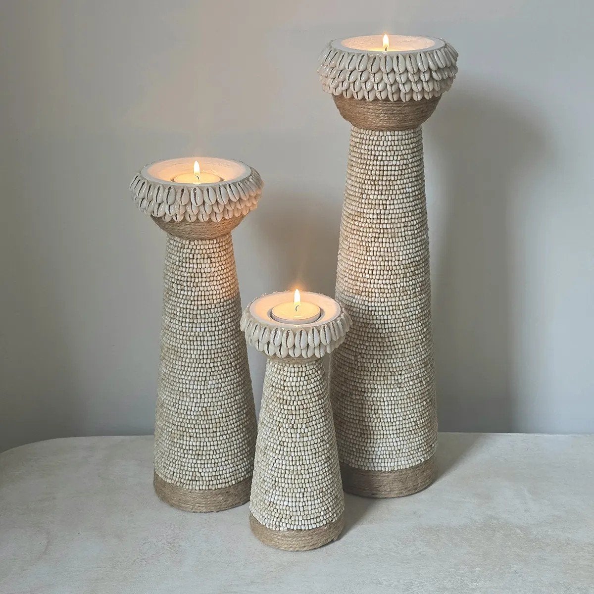 grote windlichten met kralen zand 3 uit Bali, Bruin, Ophalen of Verzenden, Tropical home, Kaars
