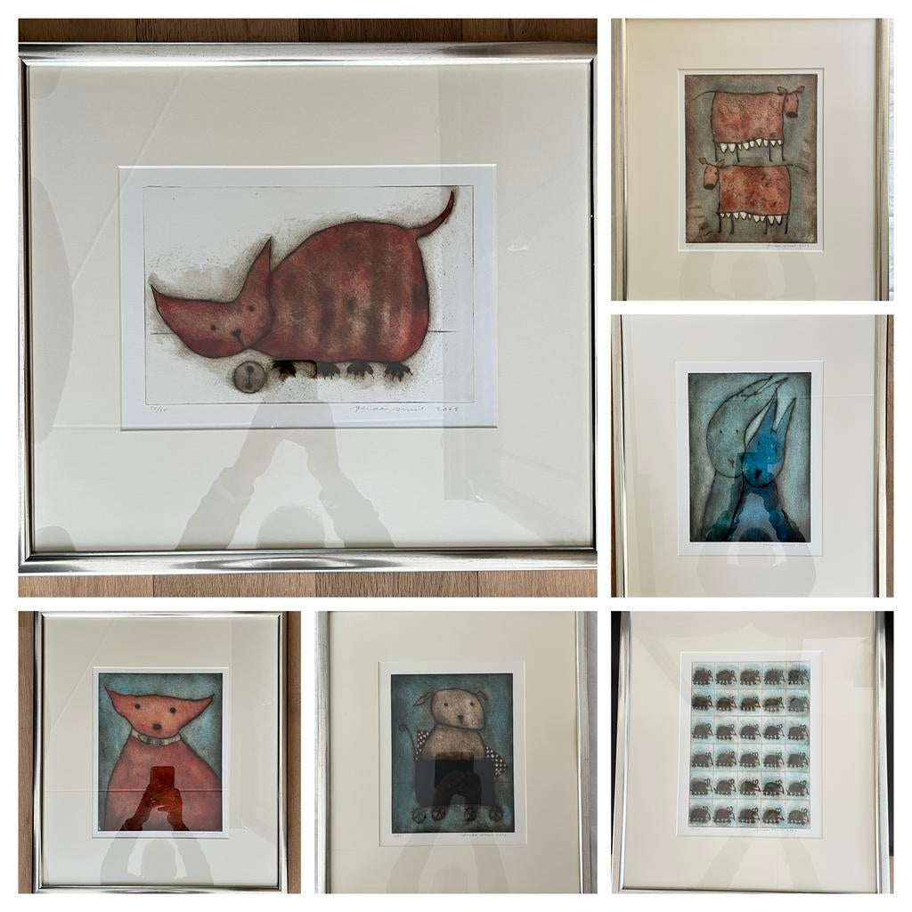 Zes etsen Gerda Smit uit de serie "Le carnaval des animaux", Antiek en Kunst, 2000 tot heden, Dagelijks leven, Ets, 50 cm