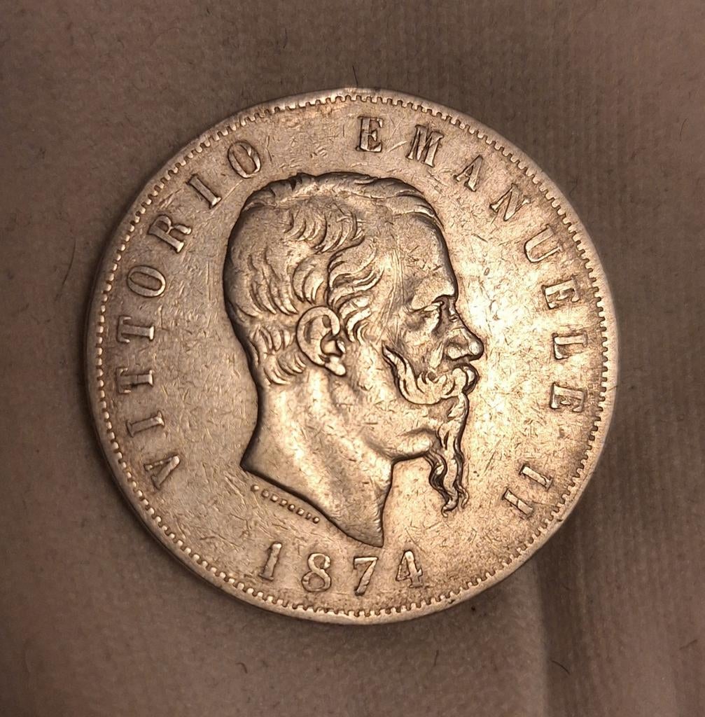 Zilveren 5 Lire munt Vittorio Emanuele II 1874 Italië, Verzenden, Italië, Losse munt, Zilver