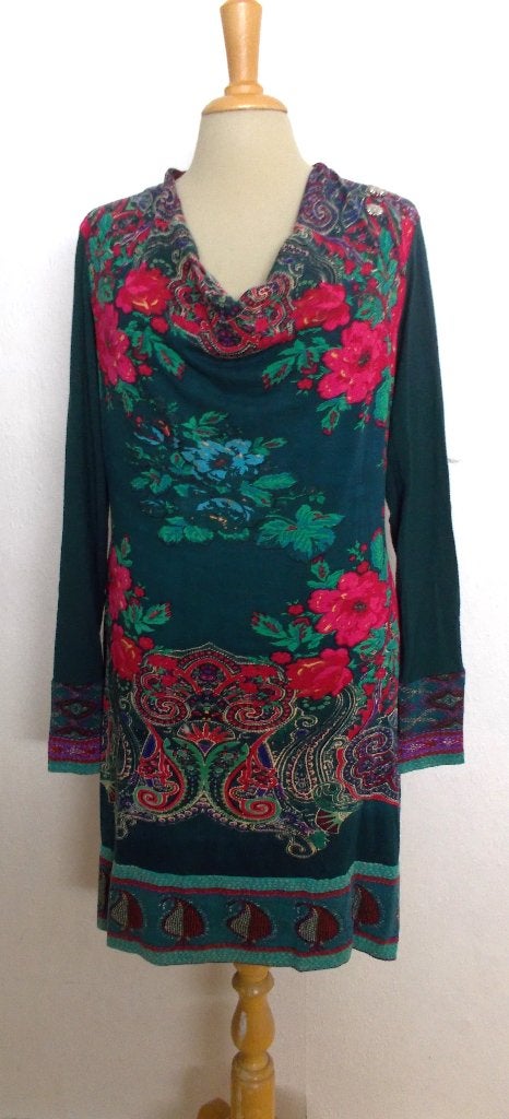 Mooi groen/rood print jurkje van Rene Derhy! M, Maat 38/40 (M), Verzenden, Zo goed als nieuw, Boven de knie