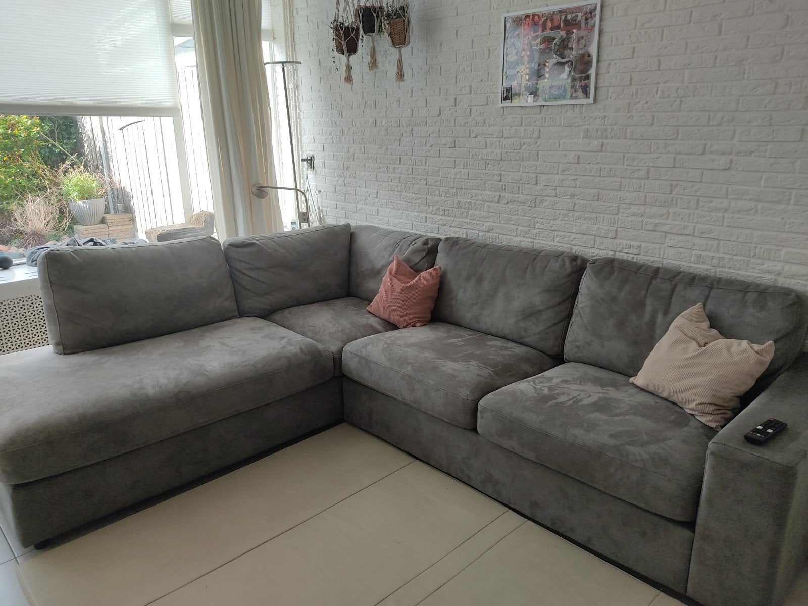 Hoekbank Microleder met Chaise Longue - Grijs, Ophalen, 250 tot 300 cm, Gebruikt, Hoekbank