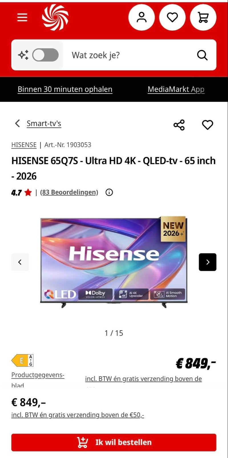 Nieuwe Hisense 65Q7S 65 inch 4K QLED Smart TV met bon, Ophalen, QLED, Nieuw, 100 cm of meer