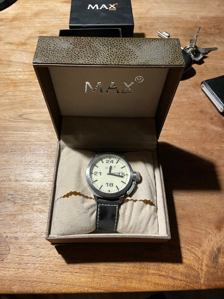 Max Polshorloge, zwart leren band, wit/gele wijzerplaat, Overige merken, Leer, Staal, Polshorloge