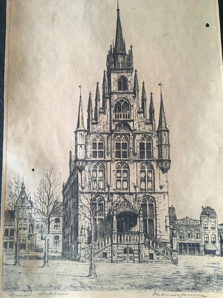 pentekening stadhuis gouda marius janssen, Antiek en Kunst, Ophalen