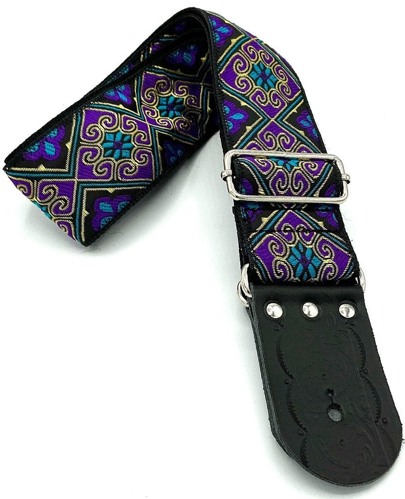 Gitaarband leer GBStof014 paars barok turkoise 137cm, Verzenden, Nieuw, Akoestische gitaar