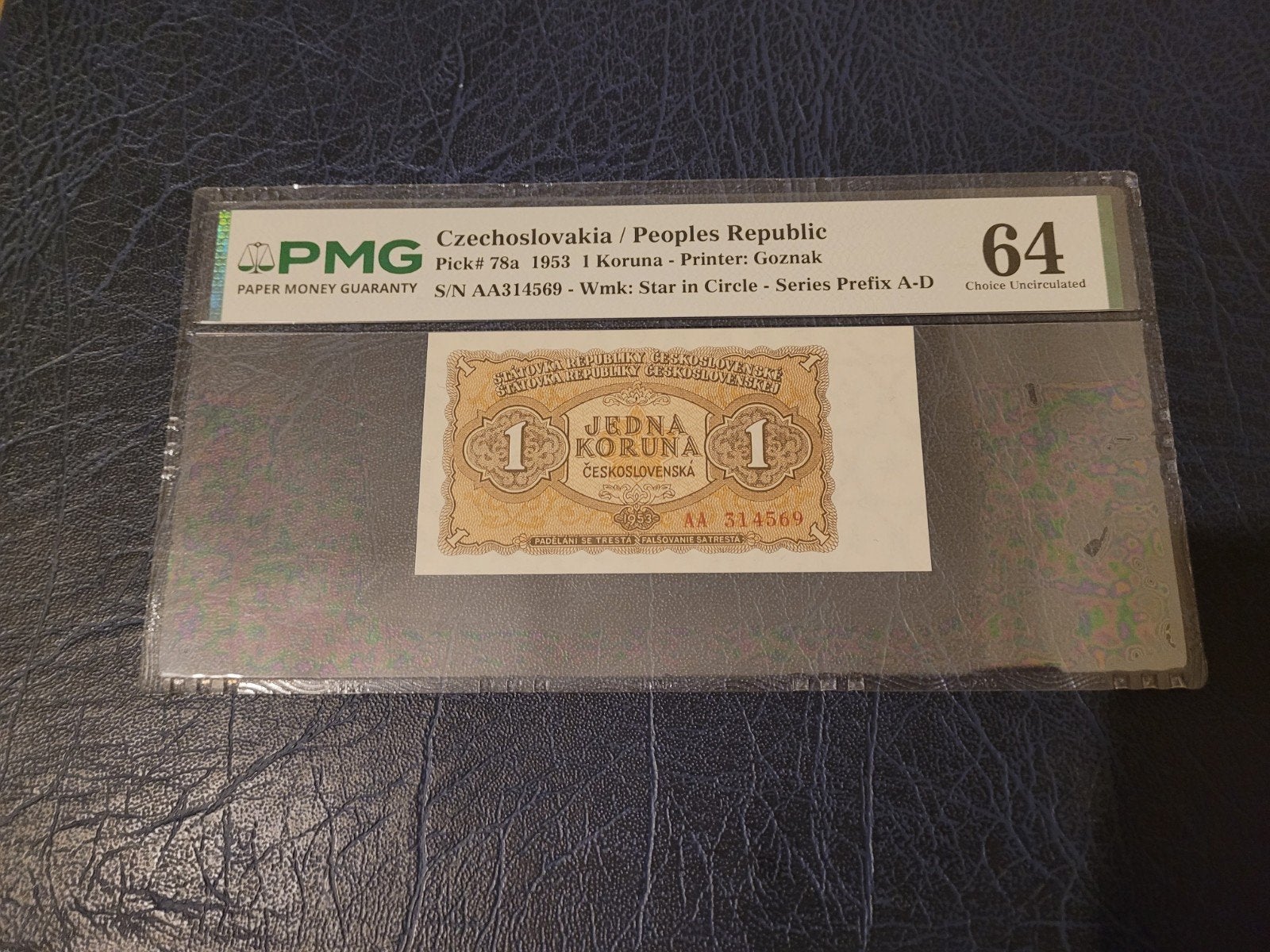 Tsjechoslowakije 1 Koruna 1953 PMG 64, Postzegels en Munten, Ophalen of Verzenden, Overige landen, Los biljet