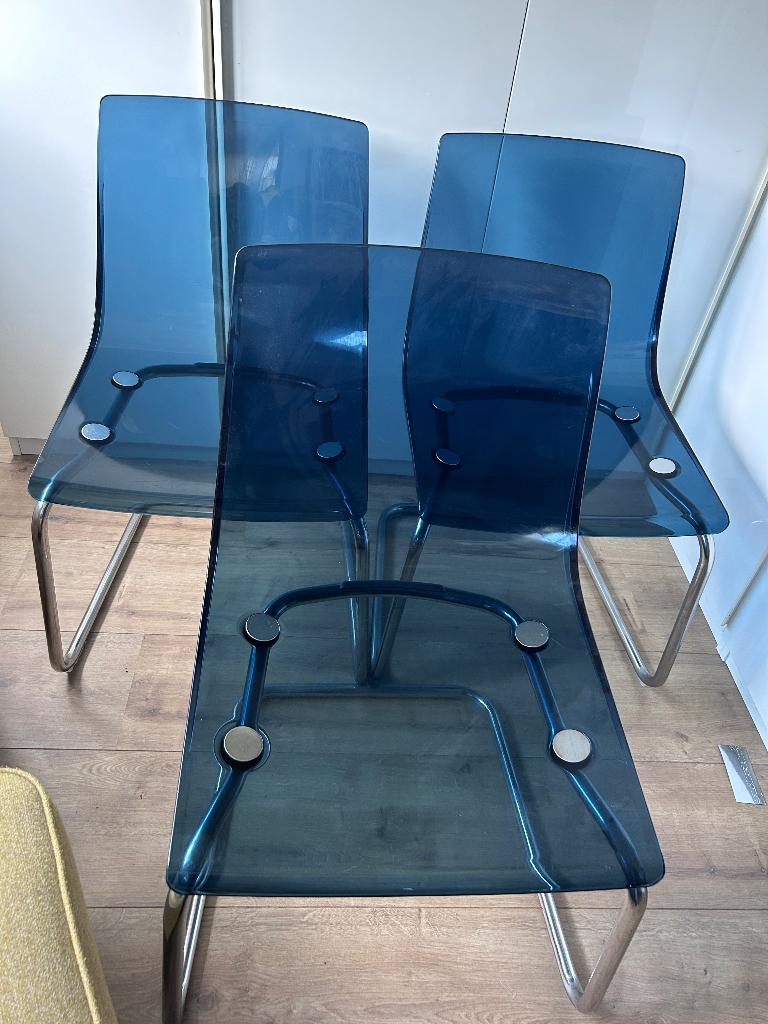 3 eetkamerstoelen blauw, Ophalen, Kunststof, Gebruikt, Drie