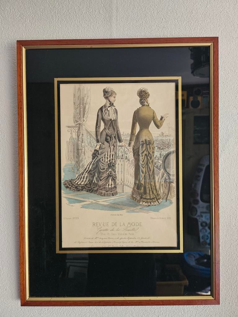 Antieke Franse modeprent 'Revue de la Mode' uit 1877, 1800 - 1899, Ingelijst, Mode, Ophalen of Verzenden