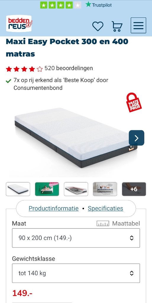 Nieuw matras maxi easy pocket400 nieuw en ongebruikt, Huis en Inrichting, Ophalen, 90 cm, Eenpersoons, Nieuw