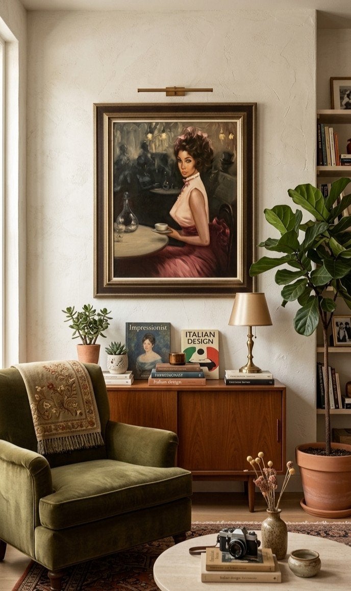 Vintage Schilderij: Dame met Kopje Koffie, Ophalen of Verzenden