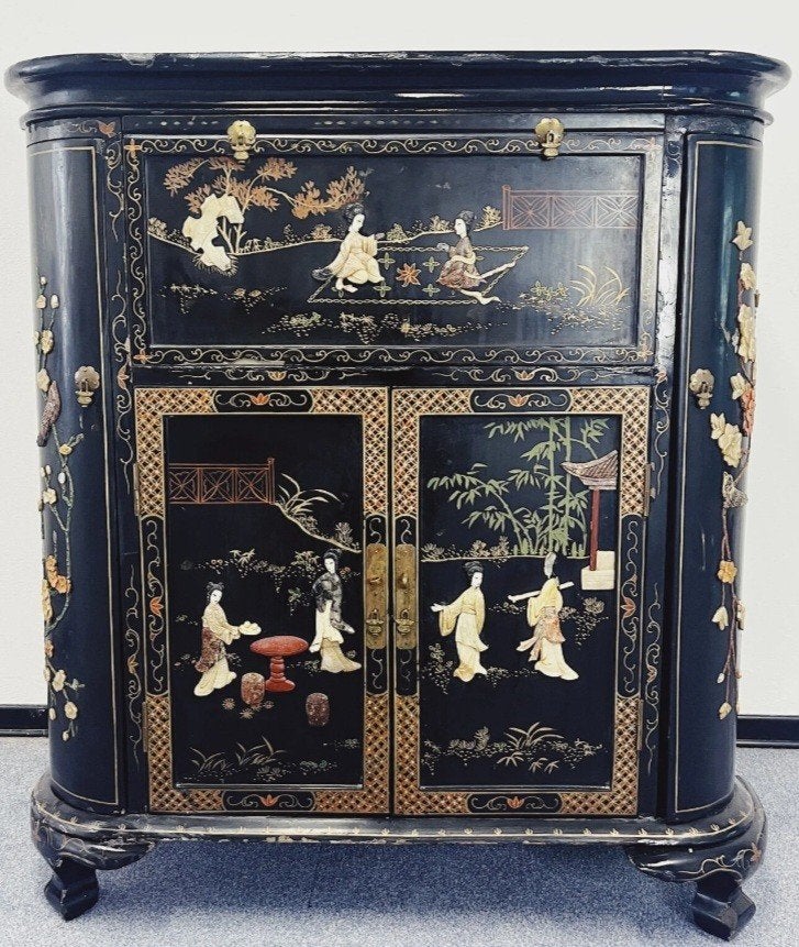 Chinese gelakte kast/barmeubel met speksteen decoratie, Ophalen of Verzenden