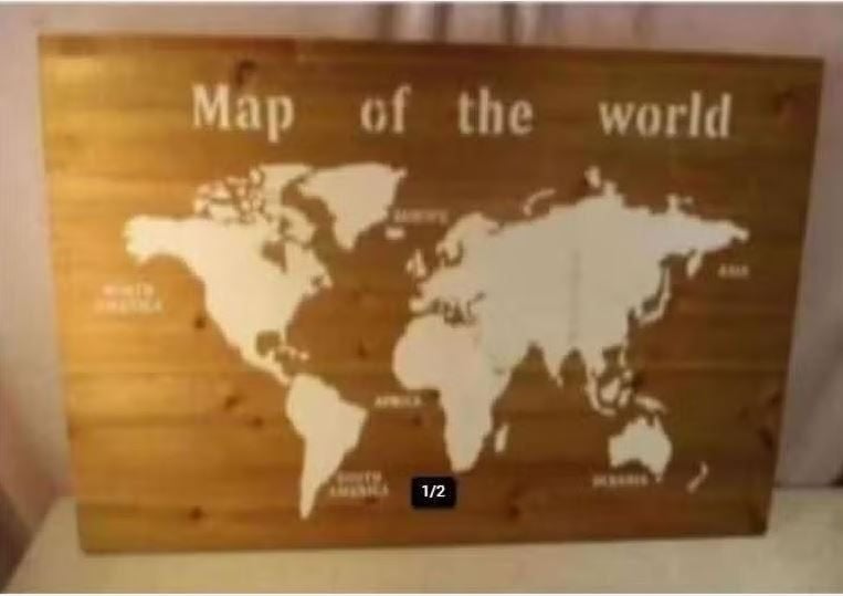 Prachtige Houten Wereldkaart 'Map of the World' - 78x55, Antiek en Kunst, Antiek | Schoolplaten, Ophalen of Verzenden, Aardrijkskunde