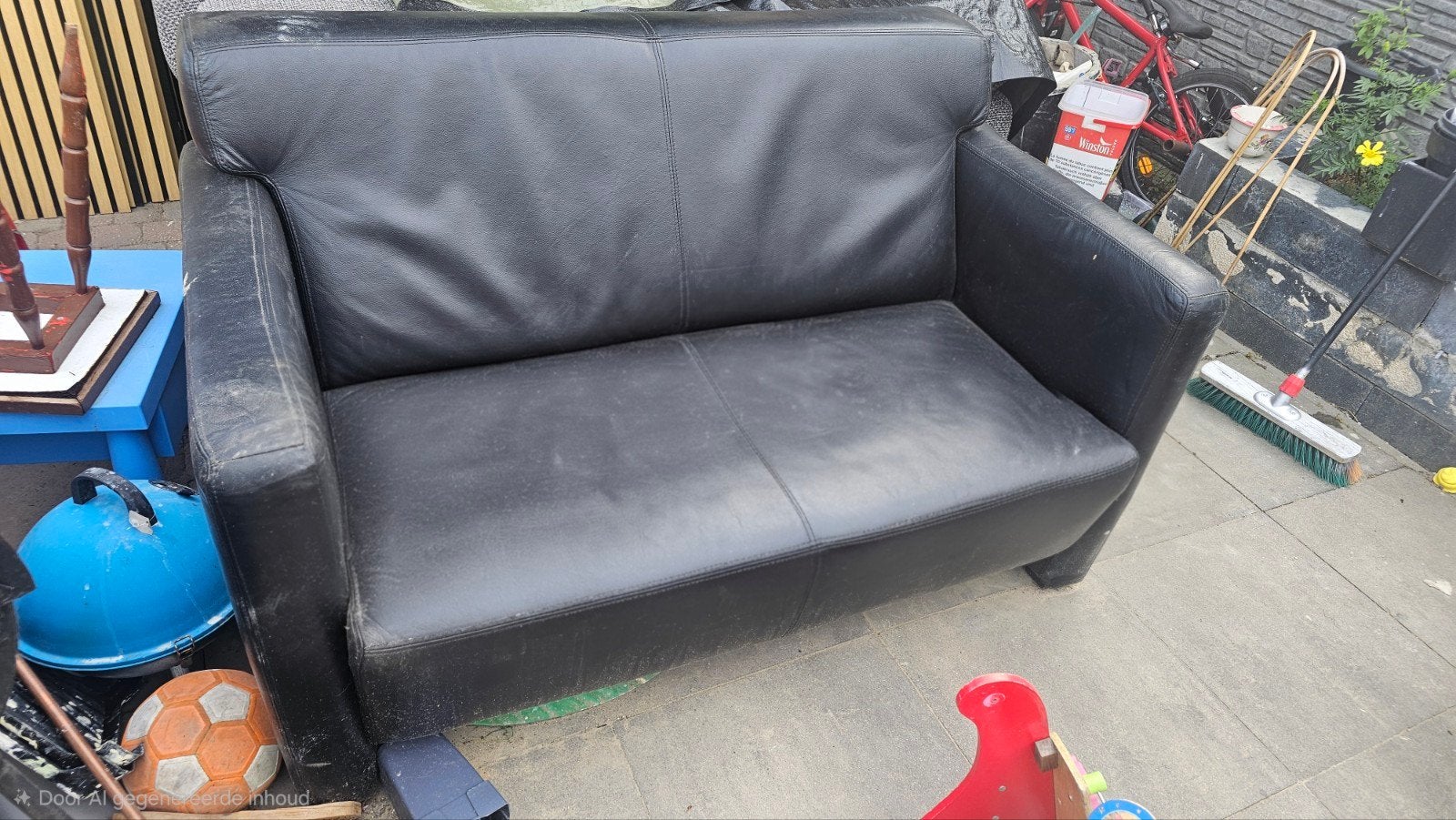 Comfortabele zwarte leren tweezitsbank, Ophalen, Gebruikt, 150 tot 200 cm, Tweepersoons