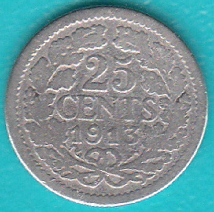 Nederland 25 cent 1913 Wilhelmina zilver, Sch. 863, Postzegels en Munten, Munten | Nederland, Zilver, 25 cent, Ophalen of Verzenden