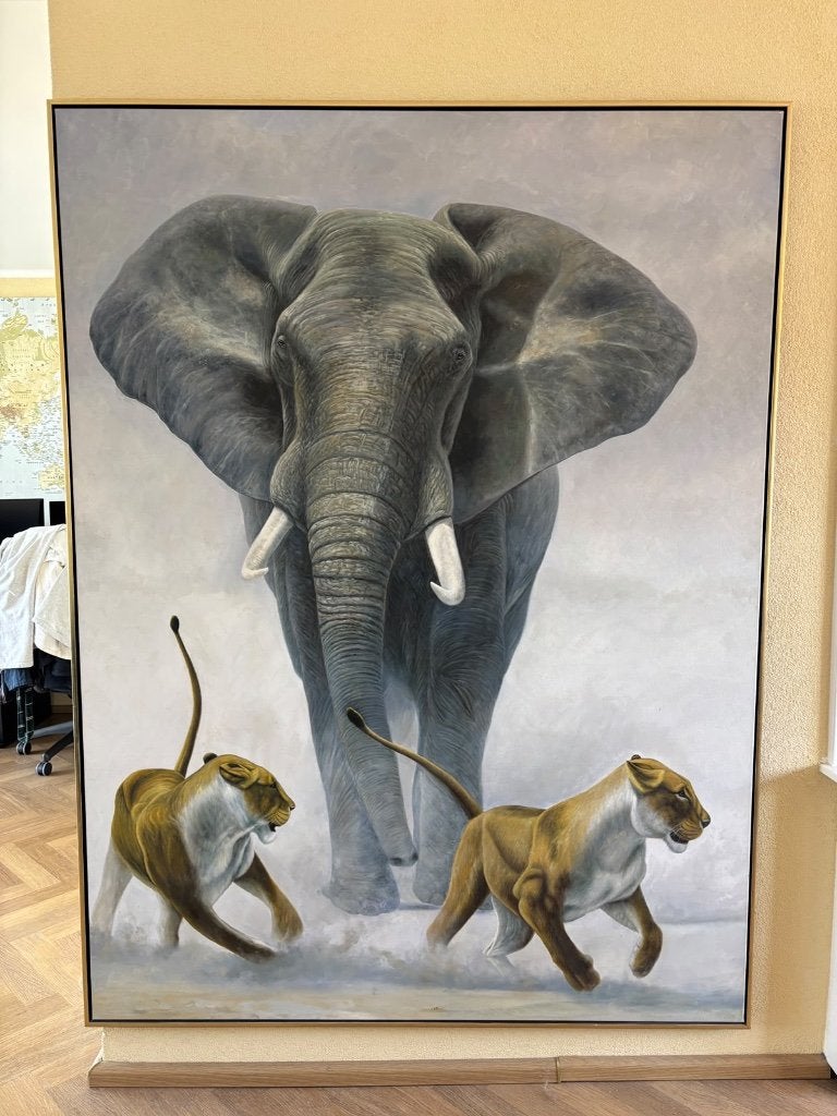 schilderij olifant, leeuwinnen olieverf op canvas 204 x 153, Doek, Realistisch, Dieren, Ophalen of Verzenden