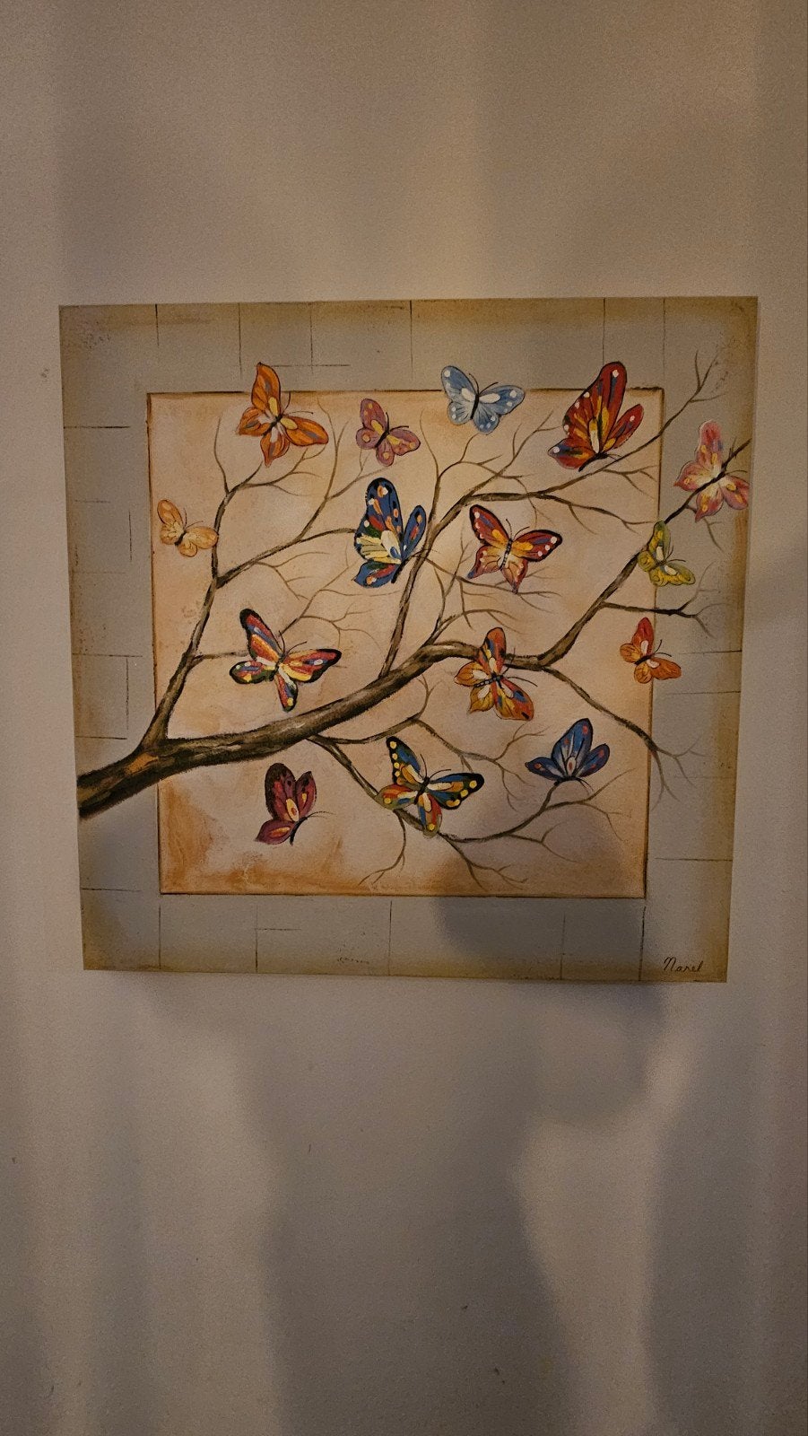 Schilderij Vlinders - Olieverf op Linnen - Gesigneerd Narel, Ophalen, Overige materialen, Olieverf, Dieren