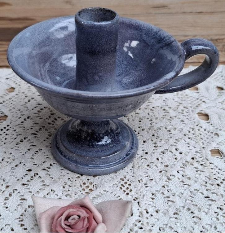 Blauwe keramieke potterie blaker op voet,Terra, Milsbeek, Ophalen of Verzenden