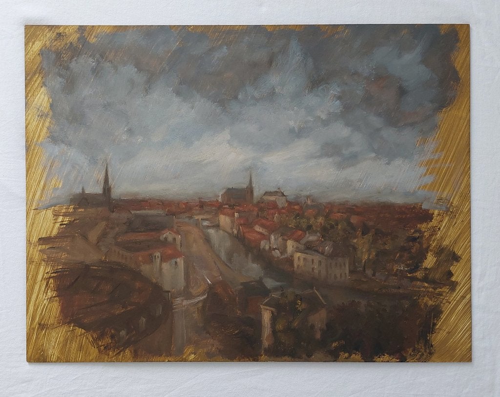 Schilderij Gezicht op Weesp - Olieverf, Antiek en Kunst, Impressionistisch, Ophalen of Verzenden, Landschap, Olieverf