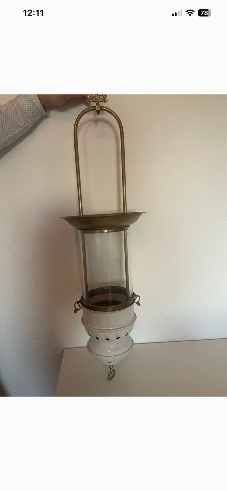 Antieke Frans-Spaanse Hallamp – Messing, Emaille & Glas, Ophalen of Verzenden