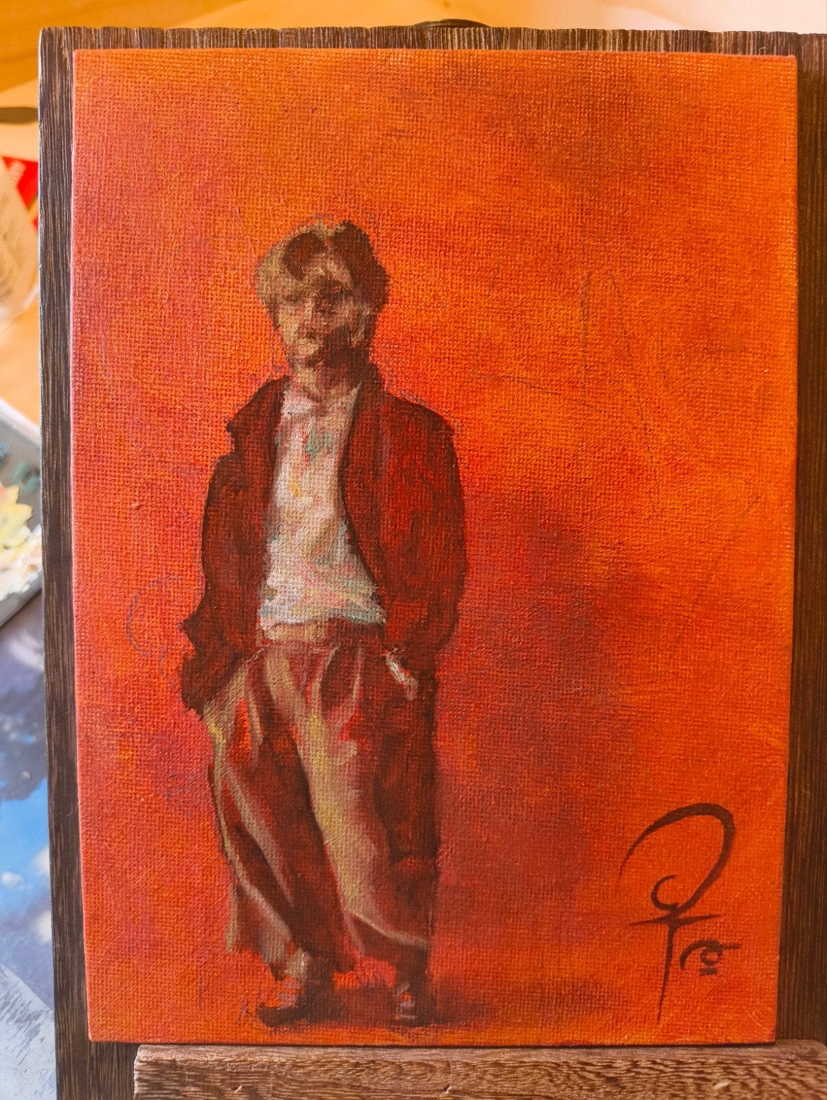 Origineel Schilderij Olie Verf 21x15cm. "A local guitarist", Origineel werk, Paneel, Portret of Personen, Ophalen of Verzenden