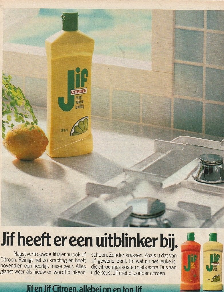 retro reclame 1986 Jif schuurmiddel nu ook gele fles, Verzenden, Overige typen