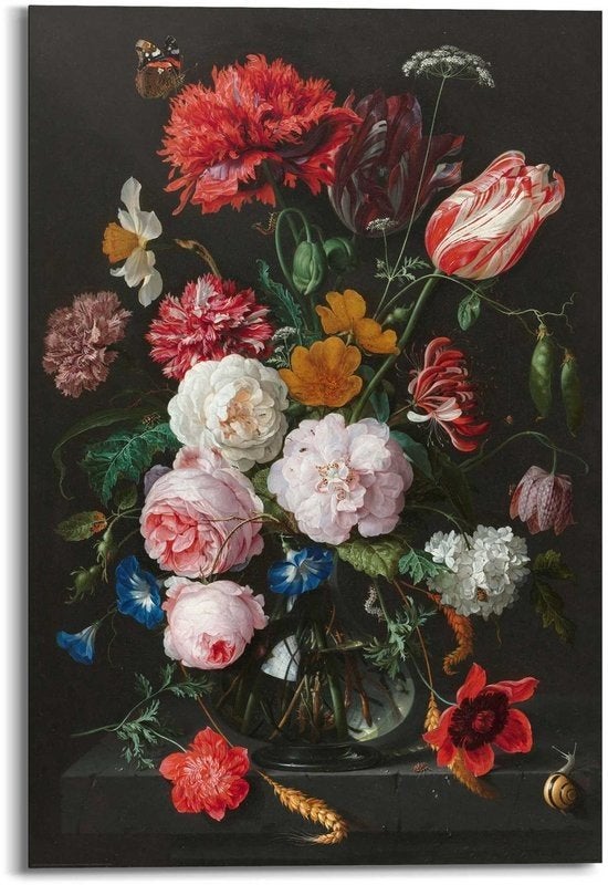 Schilderij De Heem Stilleven met bloemen - 90x60cm - Hout, Ophalen, Minder dan 50 cm, Schilderij, Minder dan 50 cm