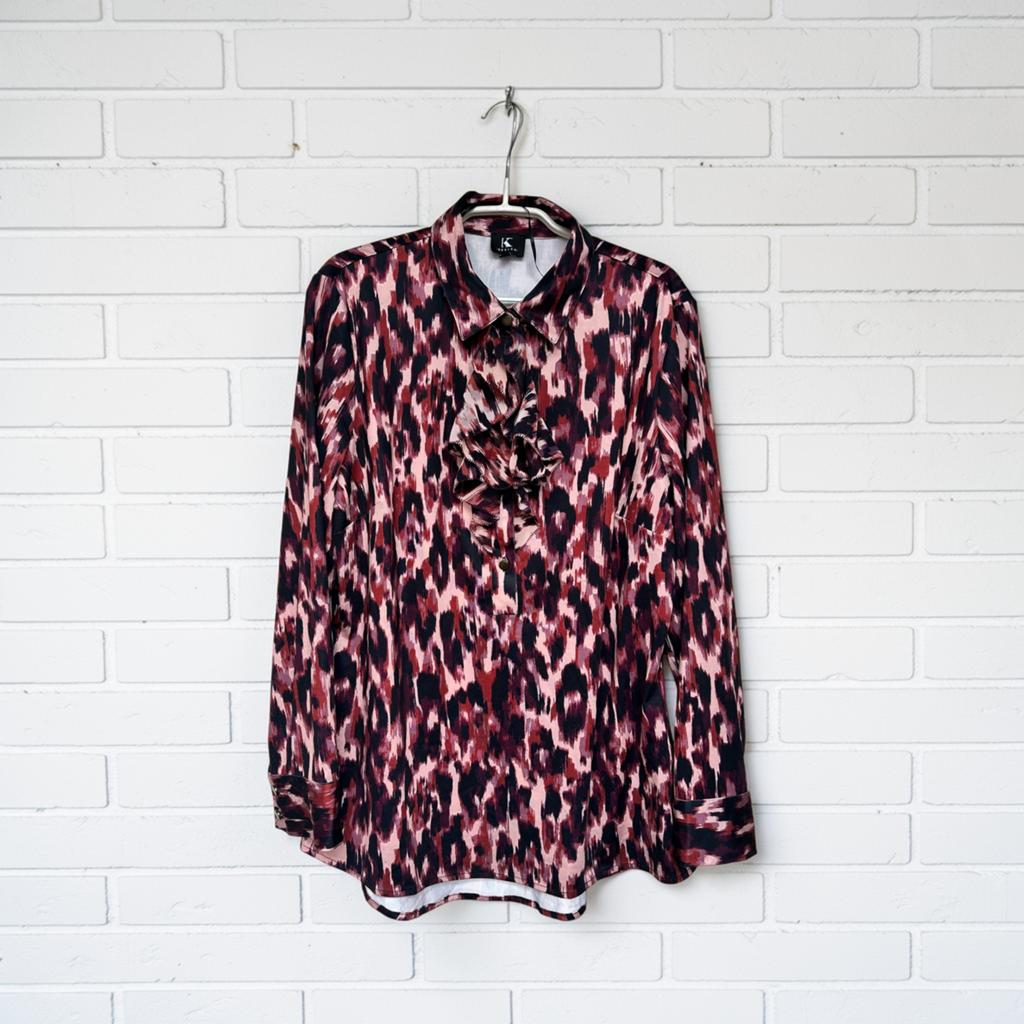 K-Design Blouse Maat L Beige Rood Zwart Panter Print Ruches, Kd, Verzenden, Maat 42/44 (L), Zo goed als nieuw