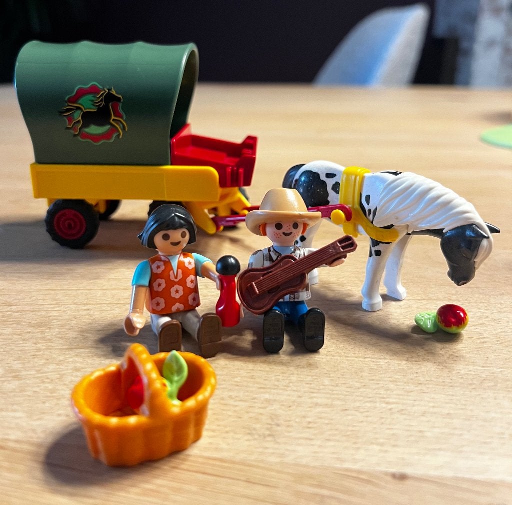 Playmobil Pony huifkar met kinderen 6948, Gebruikt, Complete set, Overige typen, Ophalen of Verzenden