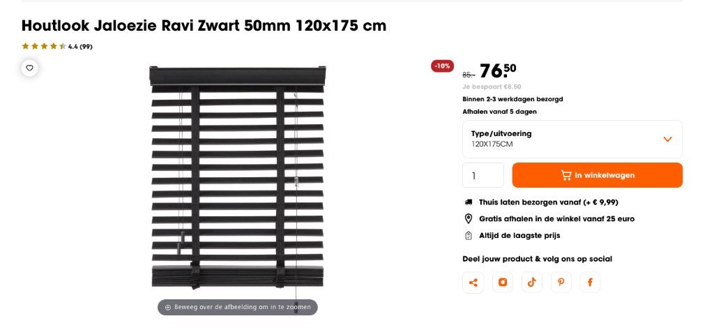2x Zwarte jaloezie 120 x 175 cm – 50 mm lamellen, Ophalen, Jaloezie, 120 cm, Gebruikt