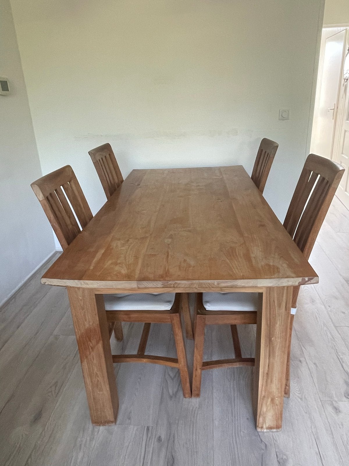 Teakhouten eettafel met 5 stoelen, Ophalen, Gebruikt, Teakhout, 50 tot 100 cm