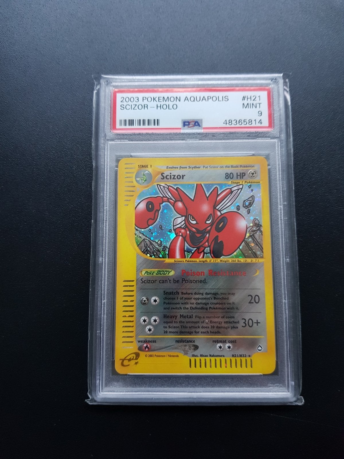 2003 Pokémon Aquapolis Scizor Holo PSA 9 Mint, Ophalen of Verzenden, Zo goed als nieuw, Losse kaart, Foil