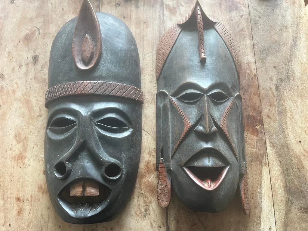 Traditionele Afrikaanse Houten Maskers - Set van 2, Ophalen of Verzenden