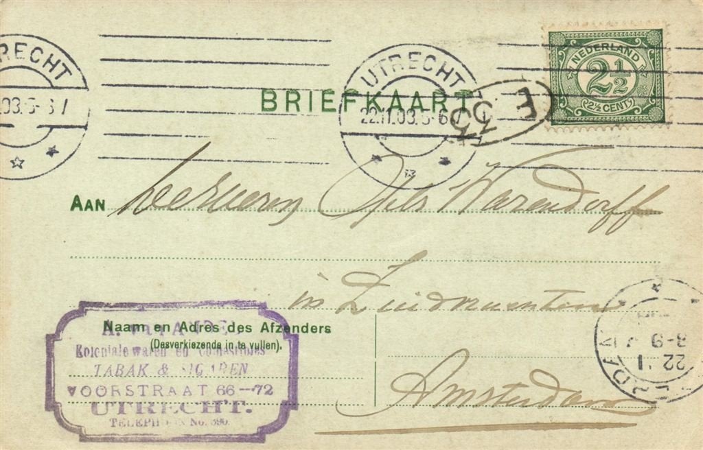 A. van Andel, Utrecht - 11.1908 - briefkaart, Postzegels en Munten, Ophalen of Verzenden, Briefkaart