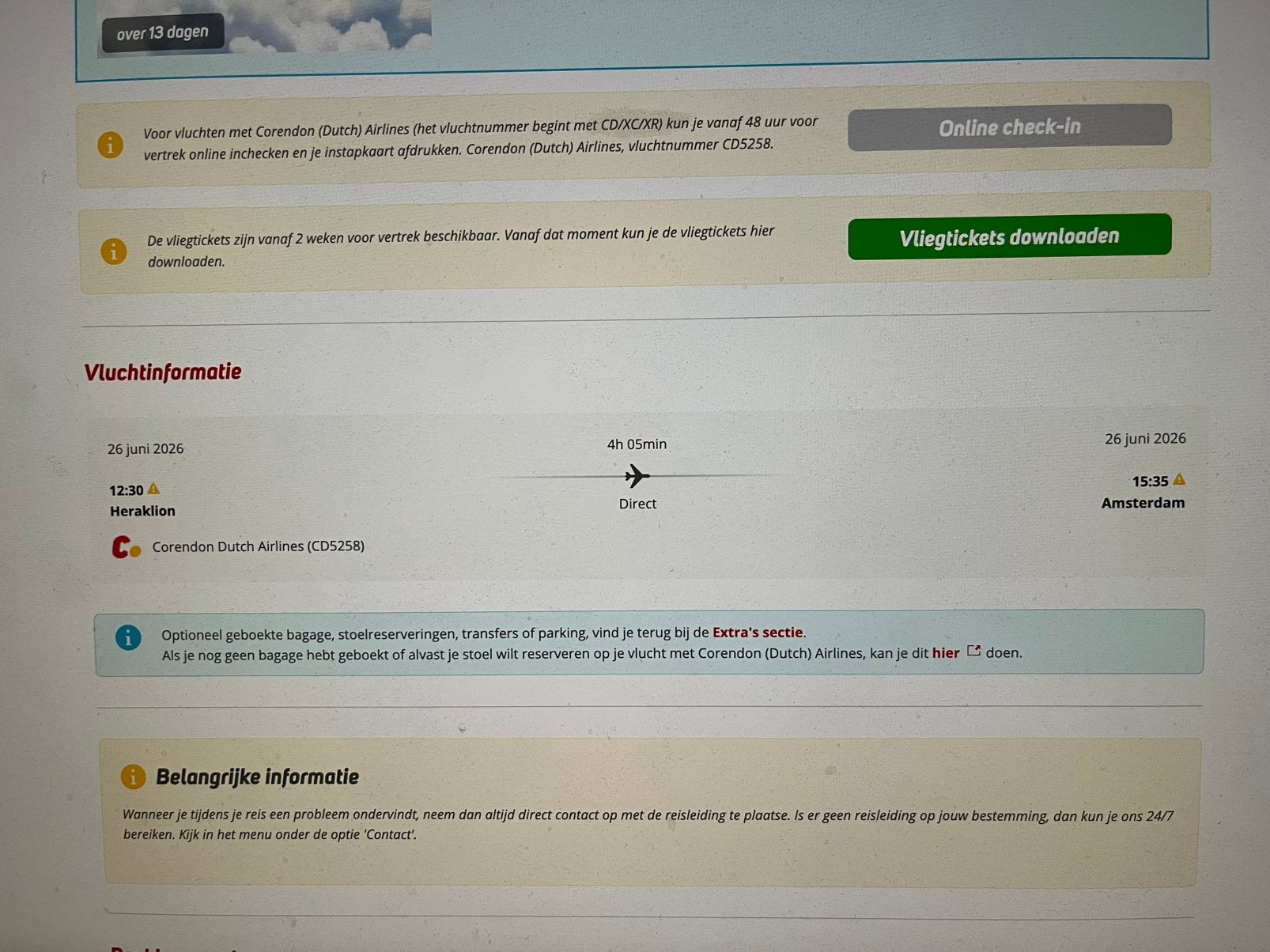 1 vliegticket Kreta (Heraklion) - Amsterdam 26 juni, Tickets en Kaartjes, Eén persoon, Vliegtuig, Buitenland, Met bestemming of datum