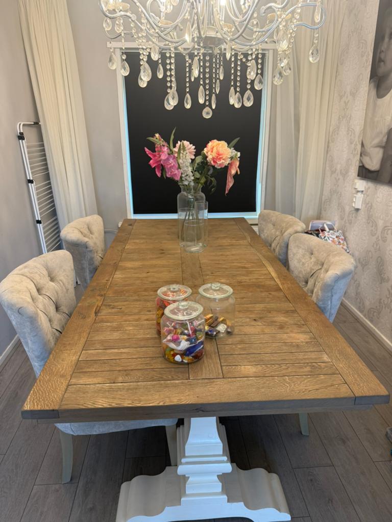 Robuuste eikenhouten eettafel met witte voet, Huis en Inrichting, Tafels | Eettafels, Gebruikt, 50 tot 100 cm, 150 tot 200 cm